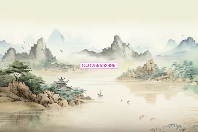 山水水墨画美景插画图片